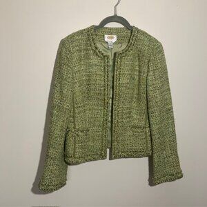 Talbots Collarless Tweed Blazer Eyelash Fringe Trim Preppy Old Money - Size 4